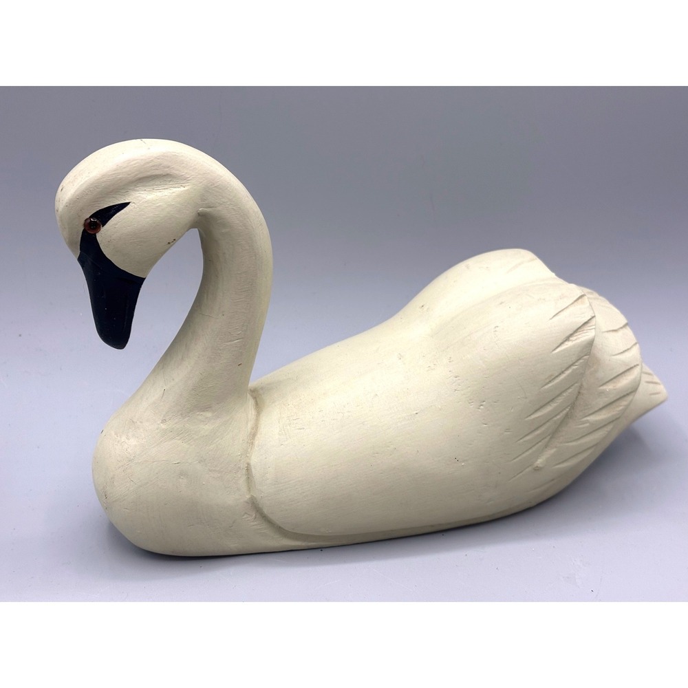 Vintage Hand Carved Wooden Swan Decoy Cream Painted Glass Eyes Rustic Decor